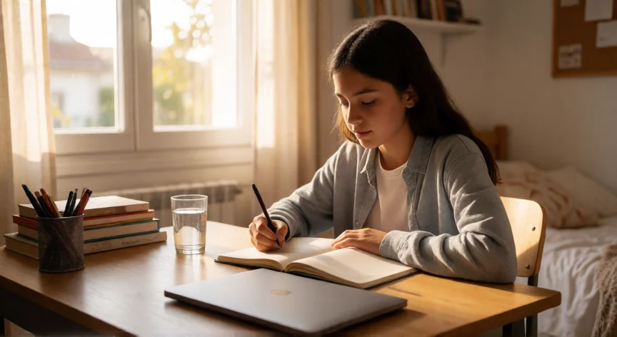 consejos para 3 eso, Estudiante de 3º ESO repasando en su habitación con luz natural