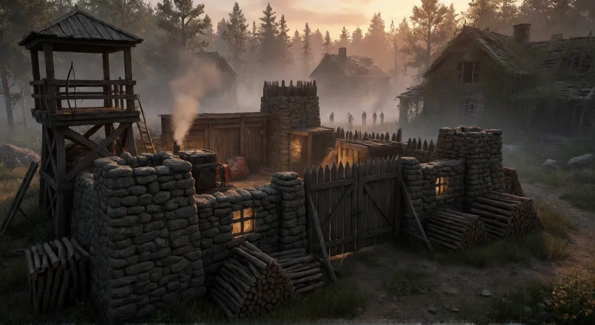 consejos para 7 days to die, Base fortificada de piedra y madera al atardecer con torreta de vigilancia y generador en marcha