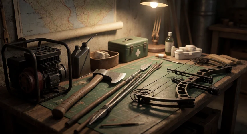 consejos para 7 days to die, Mesa de taller con armas de piedra y metal, generador y kit médico en un sótano