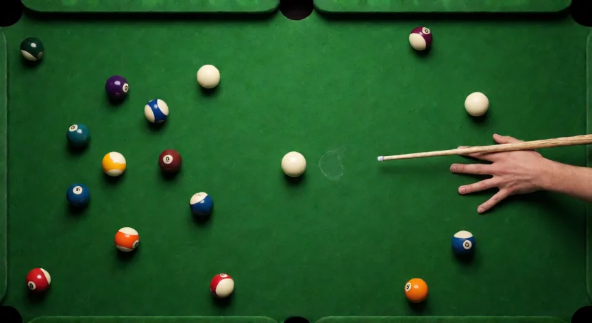 consejos para 8 ball pool, Mesa de 8 ball pool vista cenital con bolas tras el break y taco en posición de golpe