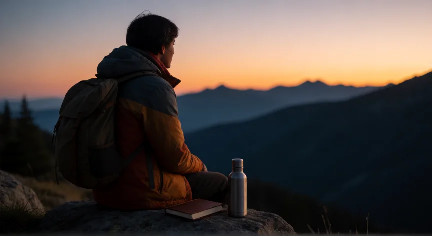 consejos para 99 noches, Persona en un acantilado al atardecer con cuaderno y cantimplora