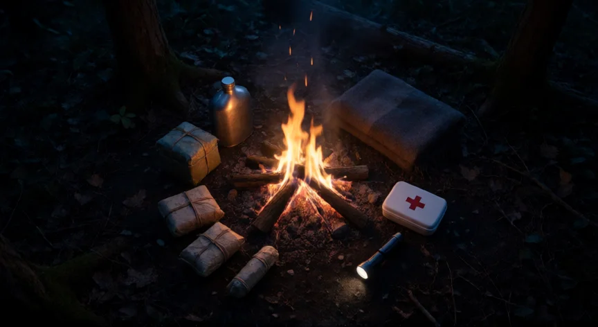 consejos para 99 noches, Kit de supervivencia junto a una fogata nocturna en el bosque
