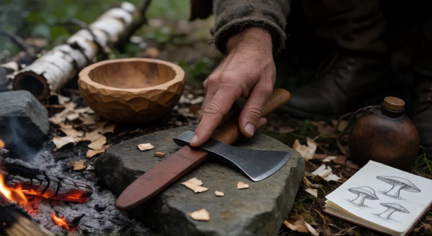 consejos para 99 noches en el bosque, Manos tallando madera junto a una fogata en el bosque, trabajo manual y registro de observaciones