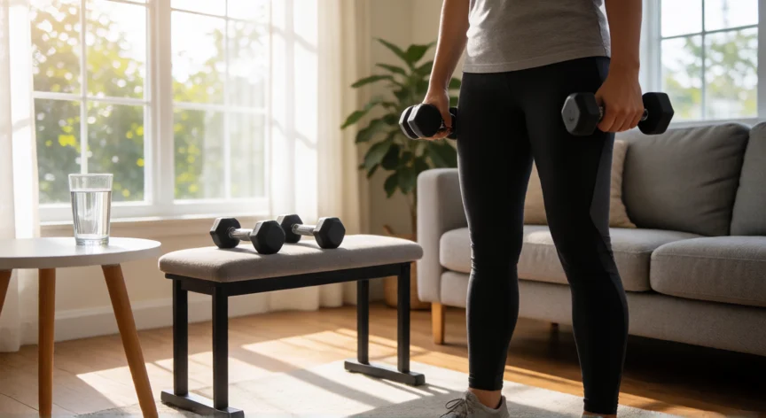 consejos para adelgazar, Persona entrenando con mancuernas en casa en un ambiente luminoso