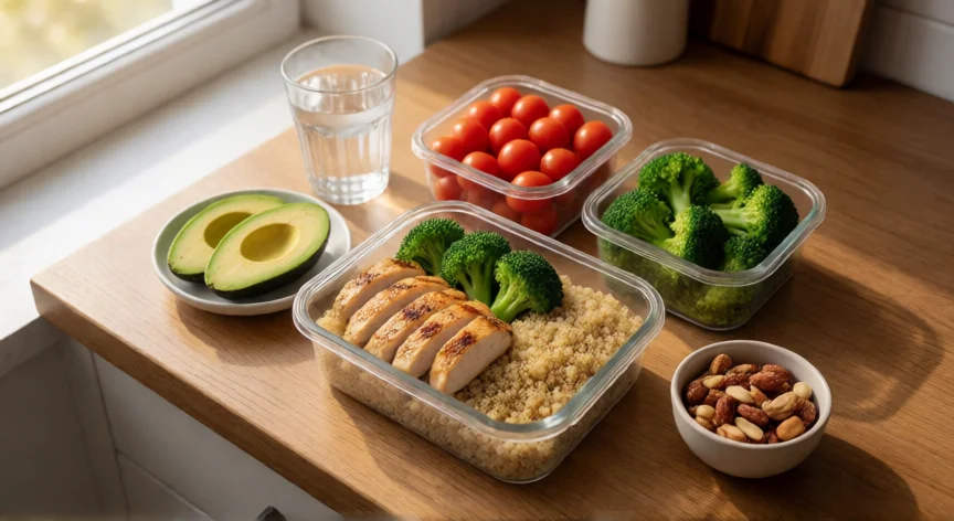 consejos para adelgazar rápido, Mesa de cocina con recipientes de comida saludable: pollo, quinoa, brócoli y aguacate