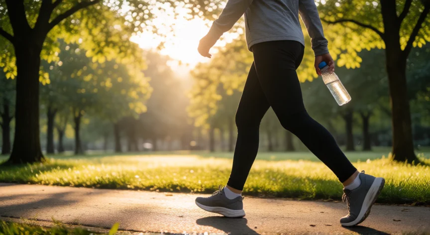 consejos para adelgazar rápido, Persona caminando a paso ligero por un parque arbolado al amanecer