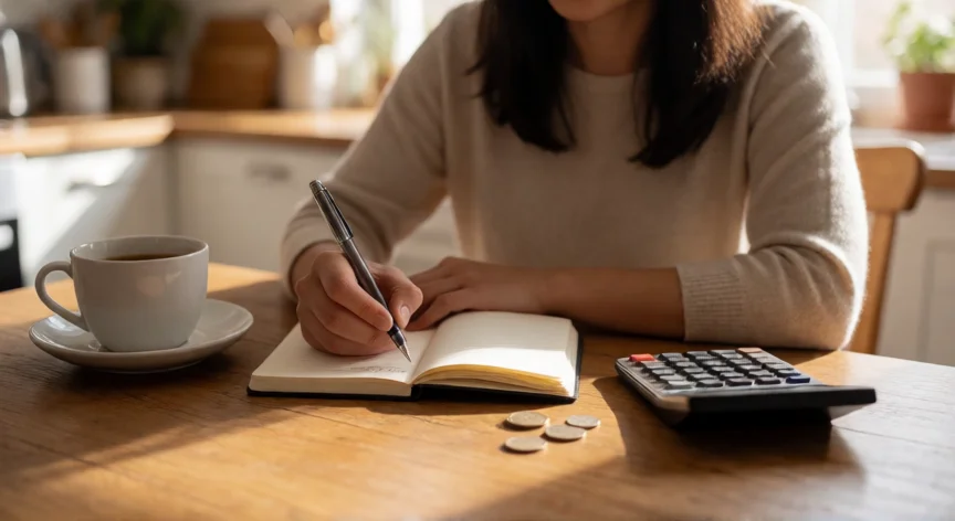 consejos para ahorrar, Persona anotando gastos en una libreta de presupuesto sobre la mesa de la cocina con café y calculadora
