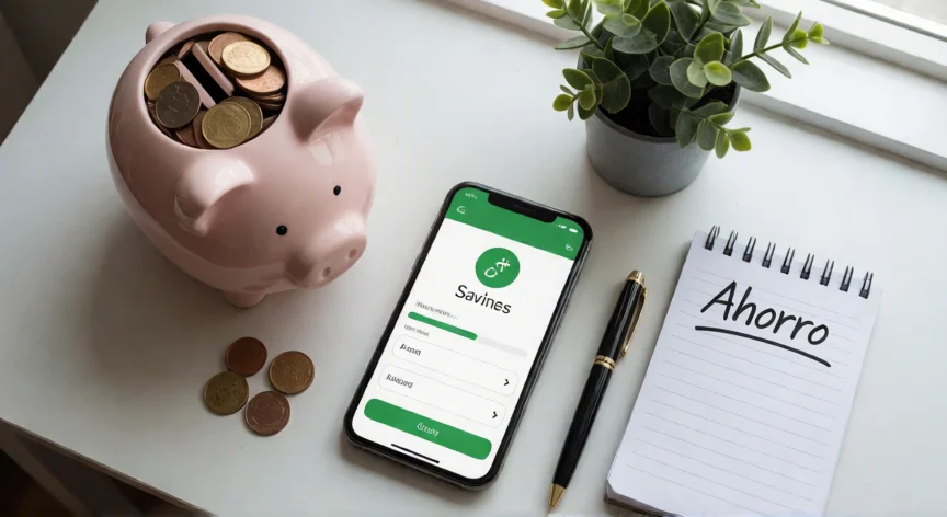 consejos para ahorrar, Vista cenital de herramientas de ahorro: hucha, móvil con app de ahorro y libreta con la palabra Ahorro