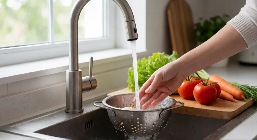consejos para ahorrar agua, Lavando verduras en la cocina con un flujo de agua controlado