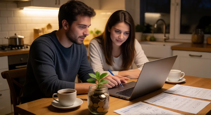 consejos para ahorrar dinero, Pareja revisando su presupuesto mensual en la cocina con un bote de monedas de ahorro