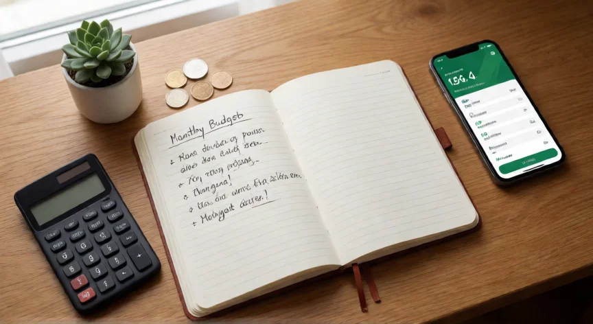 consejos para ahorrar dinero, Vista cenital de un escritorio con libreta de presupuesto, calculadora y móvil con app bancaria