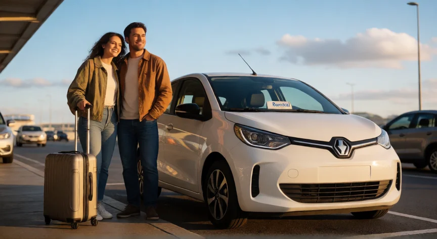 consejos para alquilar un coche, Pareja junto a un coche de alquiler en el parking de un aeropuerto al atardecer