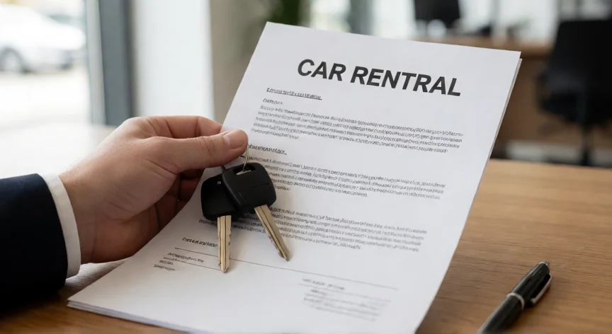 consejos para alquilar un coche, Manos revisando el contrato de alquiler de coche con las llaves sobre una mesa
