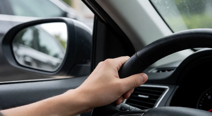 consejos para aparcar en linea, Manos del conductor en el volante durante la maniobra de retroceso con espejo lateral visible