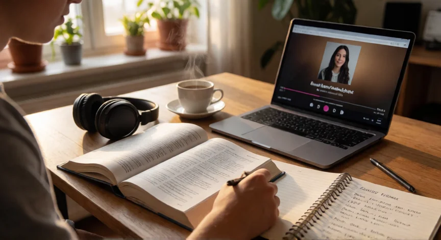 consejos para aprender ingles, Persona estudiando inglés en su escritorio con libro, audífonos y portátil