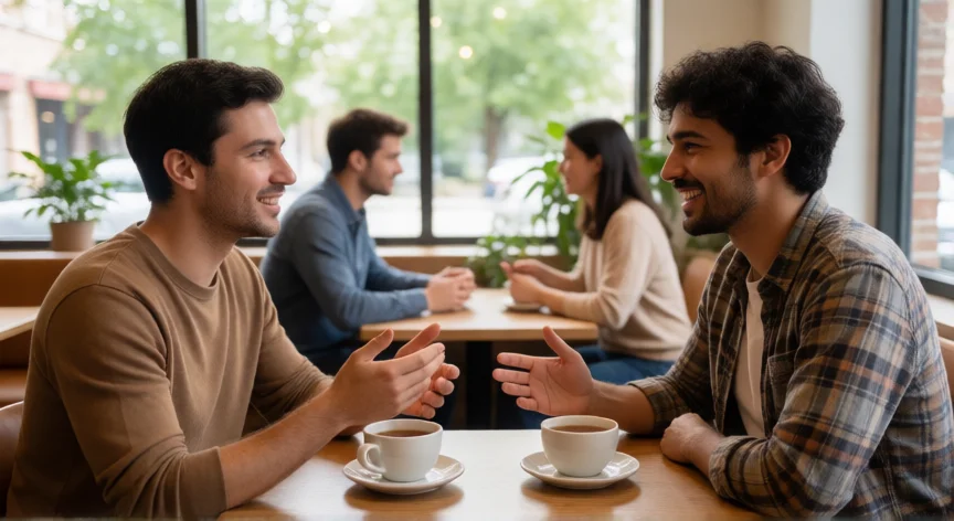consejos para aprender ingles, Dos personas conversando en inglés en una cafetería en un ambiente relajado
