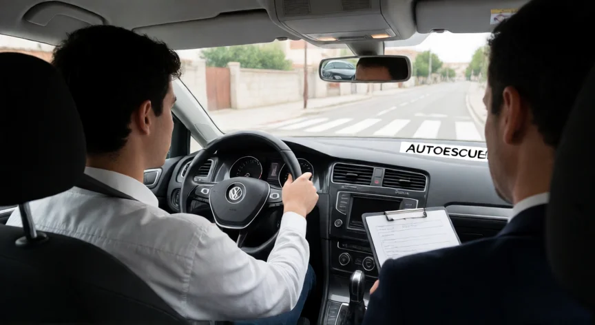 consejos para aprobar el examen practico de conducir, Joven conductor durante el examen práctico de conducir en España mirando por la calle