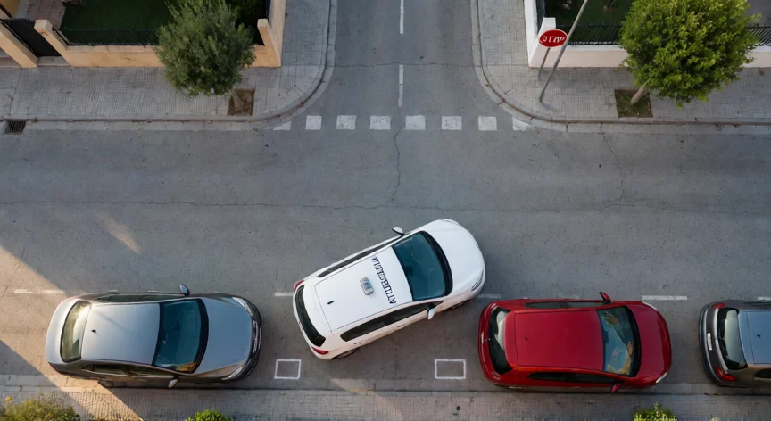 consejos para aprobar el examen practico de conducir, Vista aérea de un coche de autoescuela haciendo la maniobra de aparcamiento en paralelo
