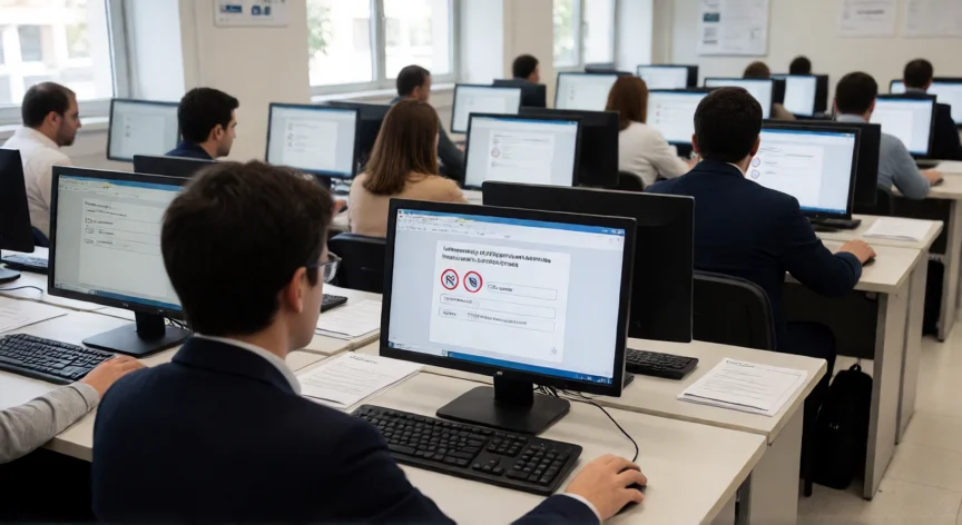 consejos para aprobar el examen teorico de conducir, Persona realizando el examen teórico de conducir en un centro examinador oficial