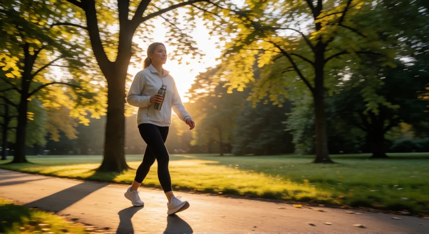 consejos para bajar 5 kilos, Mujer caminando a paso ligero por un parque soleado con botella de agua