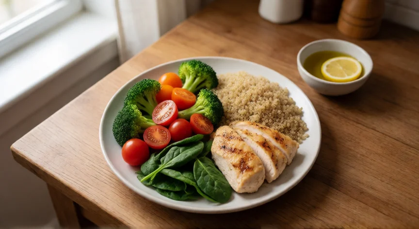 consejos para bajar de peso, Plato equilibrado con verduras, proteína magra y carbohidratos complejos