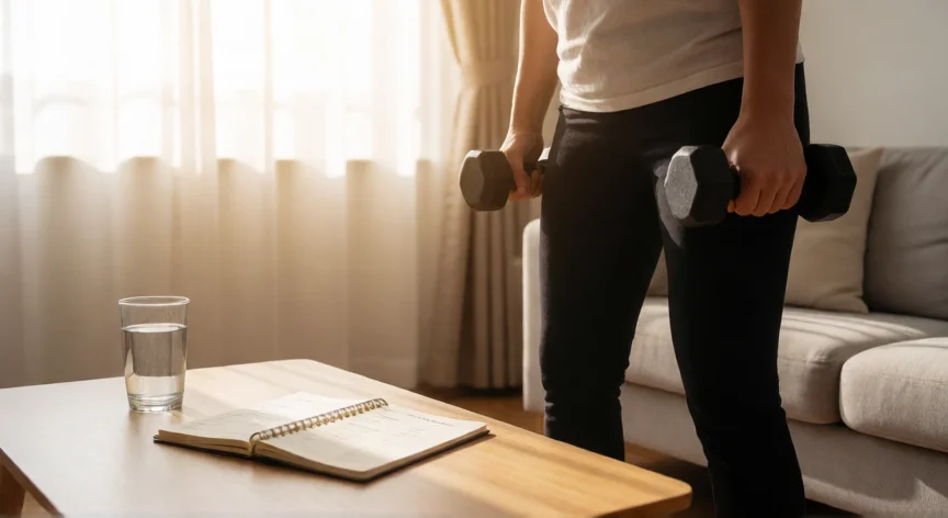 consejos para bajar de peso, Persona haciendo ejercicio de fuerza en casa con mancuernas
