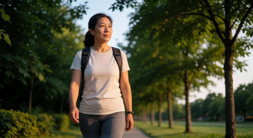 consejos para bajar el azucar en sangre, Persona caminando por un parque al atardecer como ejercicio post-comida para regular la glucosa