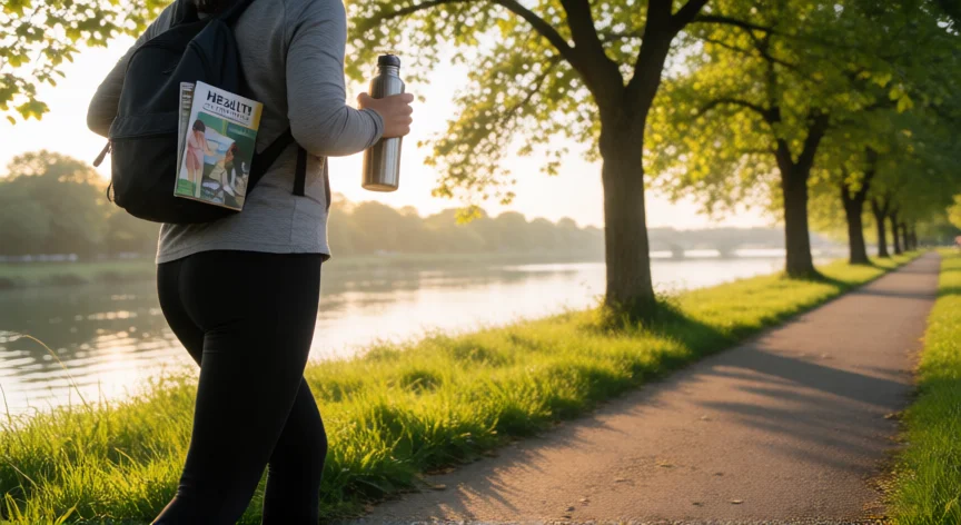 consejos para bajar el colesterol, Persona corriendo por un sendero junto al río al amanecer, estilo de vida activo y saludable
