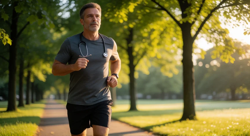 consejos para bajar el colesterol malo, Hombre haciendo ejercicio cardiovascular en un parque al amanecer