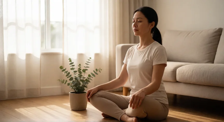 Mujer practicando respiración diafragmática en un salón luminoso con luz matinal