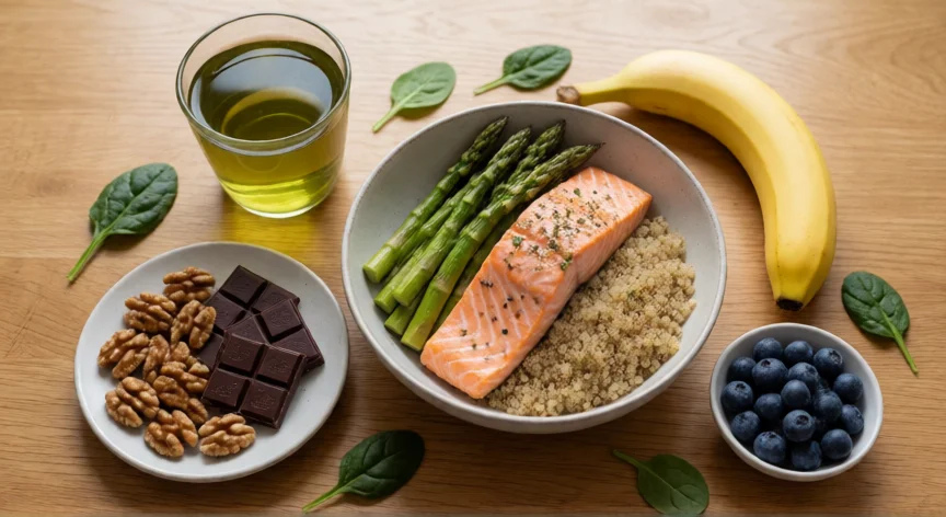 consejos para bajar el cortisol, Plato antiinflamatorio con salmón, omega-3, magnesio y polifenoles para regular el cortisol