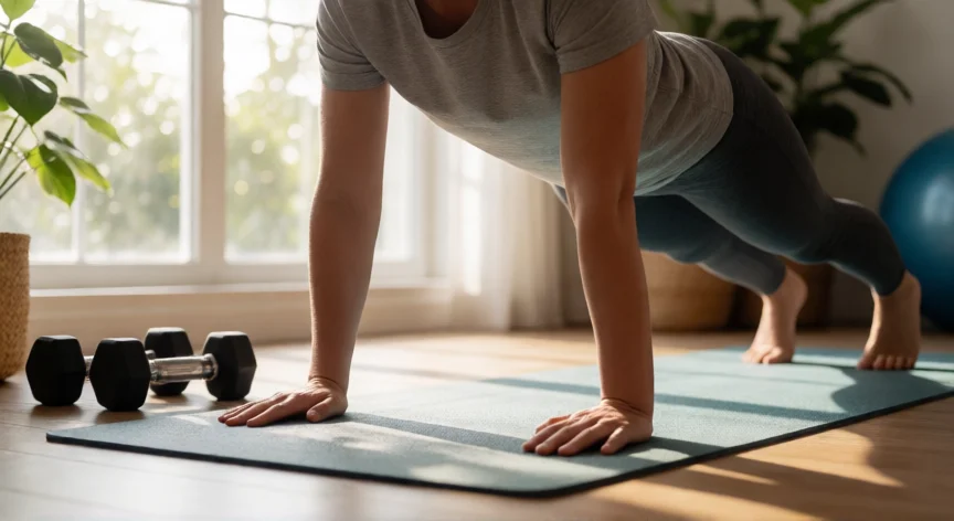 consejos para bajar la barriga, Persona haciendo plancha en casa como parte de la rutina de entrenamiento de fuerza