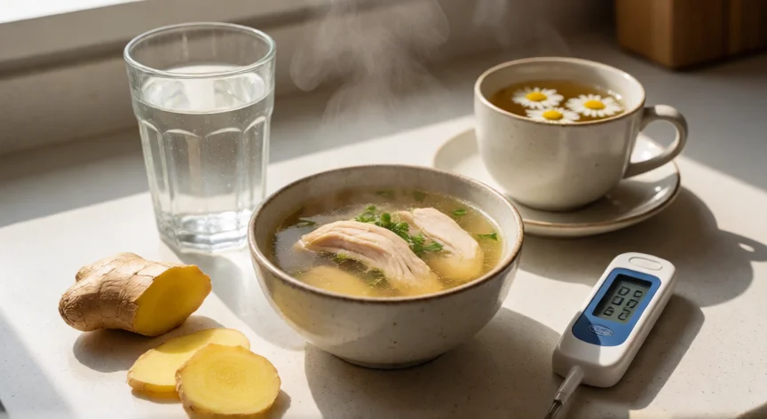 consejos para bajar la fiebre, Mesa con agua, sopa, jengibre, infusión y termómetro digital para bajar la fiebre
