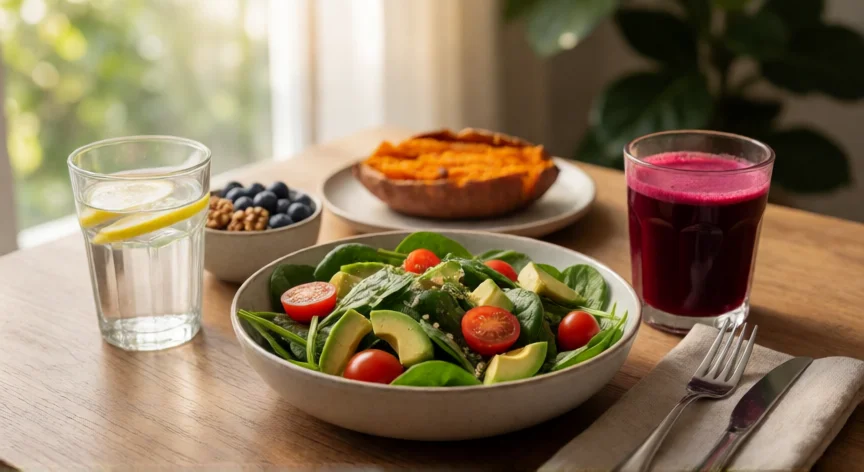 consejos para bajar la tension, Comida saludable estilo DASH con verduras, frutas y frutos secos para controlar la tensión