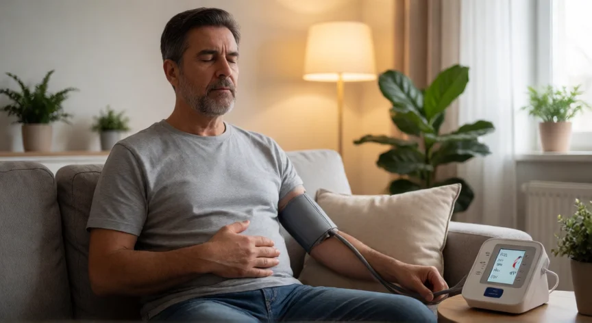 consejos para bajar la tension, Hombre practicando respiración diafragmática en casa con tensiómetro al lado