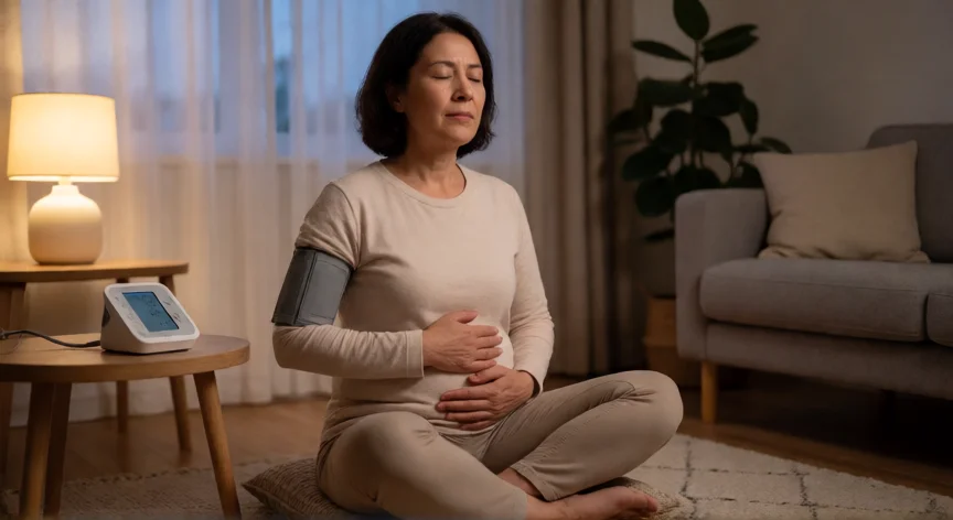 consejos para bajar la tension alta, Mujer haciendo respiración diafragmática junto a un tensiómetro en un ambiente tranquilo