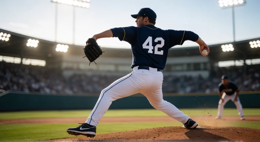 consejos para baseball 9, Pitcher lanzando en el montículo con brazo extendido durante un partido nocturno de béisbol
