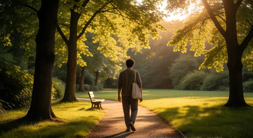consejos para calmar la ansiedad, Persona caminando por un sendero arbolado en un parque al atardecer