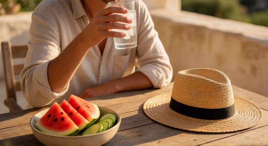 Persona hidratándose con agua y fruta fresca en una terraza soleada durante una ola de calor