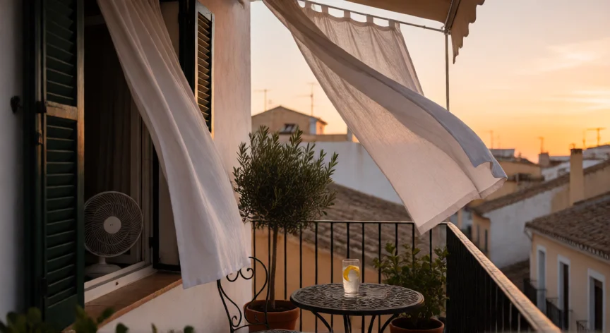 consejos para combatir la ola de calor, Balcón ventilado al atardecer con ventilador y agua fresca, estrategia contra el calor en casa