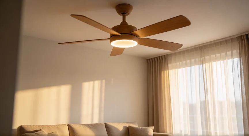 consejos para comprar un ventilador de techo, Ventilador de techo de aspas de madera con LED integrado en salón moderno