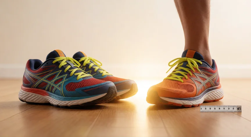 consejos para comprar zapatillas running, Zapatillas de running junto al pie con medición del espacio en la punta