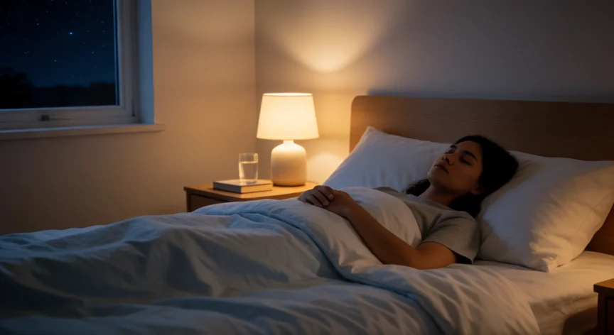 Persona durmiendo en un dormitorio tranquilo y oscuro con luz cálida