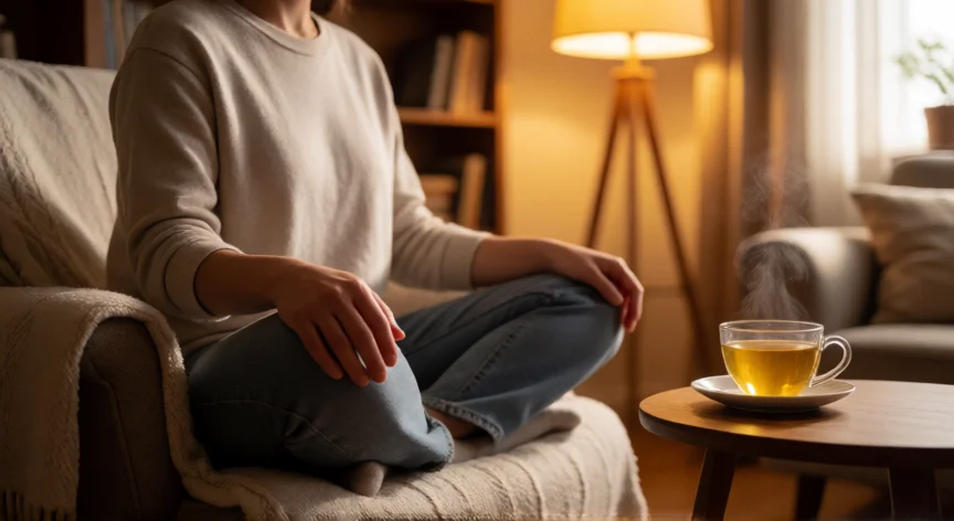 consejos para conciliar el sueño, Persona practicando respiración y relajación con una infusión de manzanilla