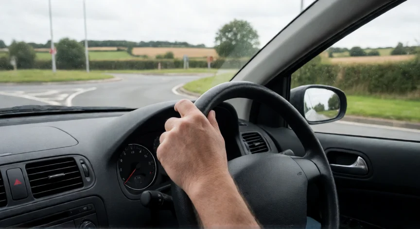 Interior de coche de dirección a la derecha en una carretera británica con rotonda al fondo
