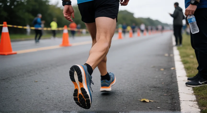 consejos para correr 10 km, Detalle de piernas de un corredor en plena carrera de 10K sobre asfalto