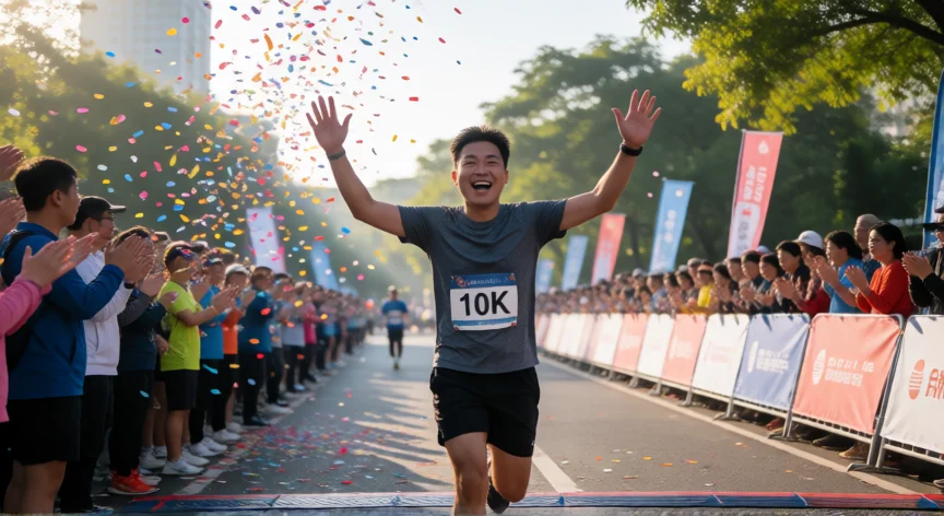 consejos para correr 10 km principiantes, Corredor cruzando la meta de una carrera de 10K celebrando con los brazos en alto