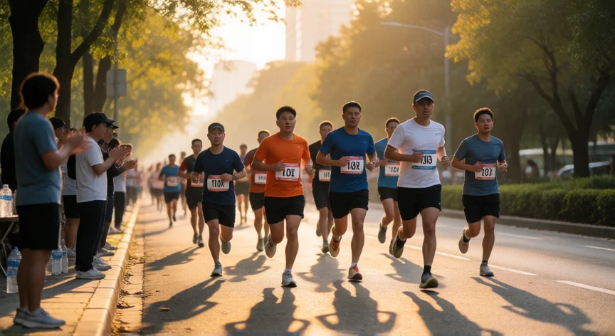 consejos para correr 10k, Corredores compitiendo en una carrera de 10K por un parque urbano al amanecer