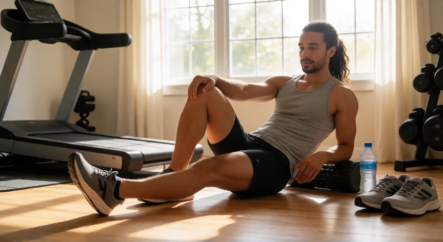 consejos para correr 10k, Atleta estirando con foam roller en el gimnasio como parte de la recuperación tras correr 10K