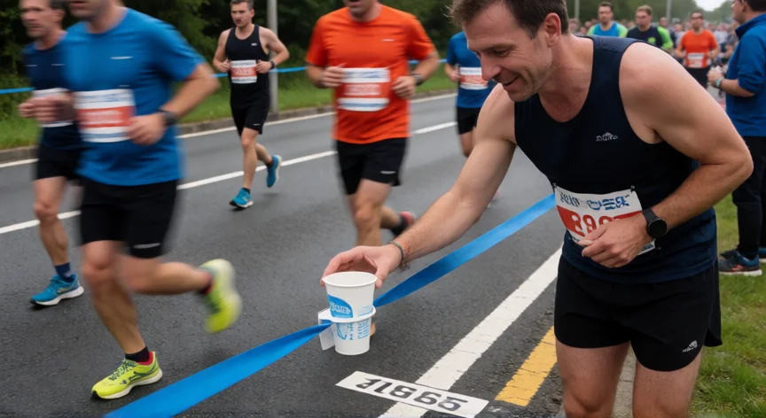 consejos para correr 21 km, Corredor hidratándose en un punto de avituallamiento durante la carrera de 21 kilómetros